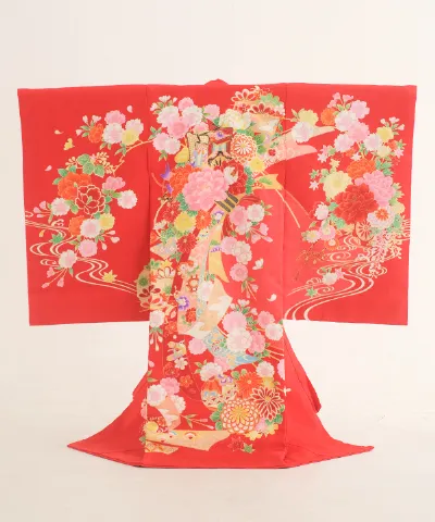 産着(お宮参り) | 赤地に御所車と四季花