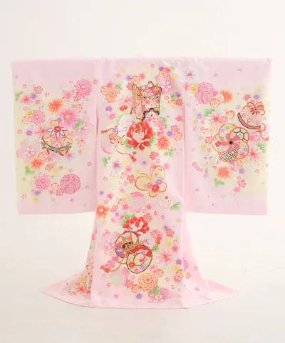 産着(お宮参り) | ピンク地に牡丹と御所車