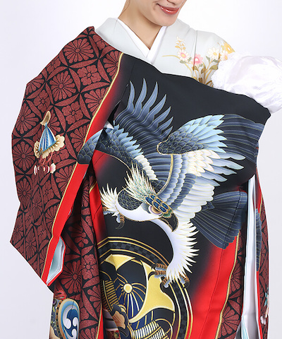 産着(お宮参り)|臙脂色 菱菊紋に鷹と兜