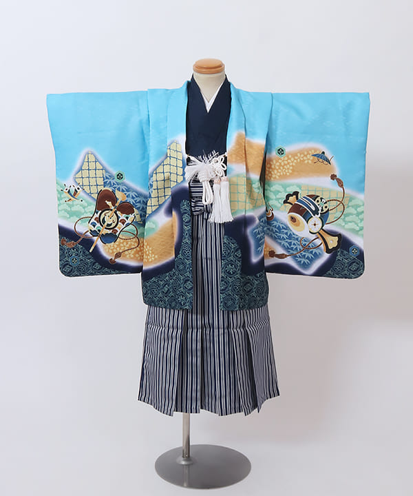 七五三(三歳男の子) | 水色地に打出の小槌文 紺色の仙台平袴