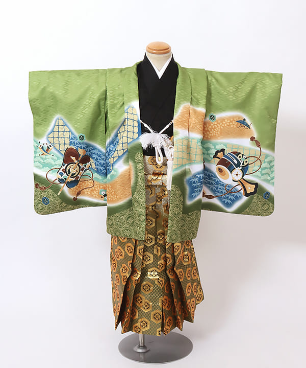 七五三(三歳男の子) | 緑地に打出の小槌文 グラデーションの亀甲文袴