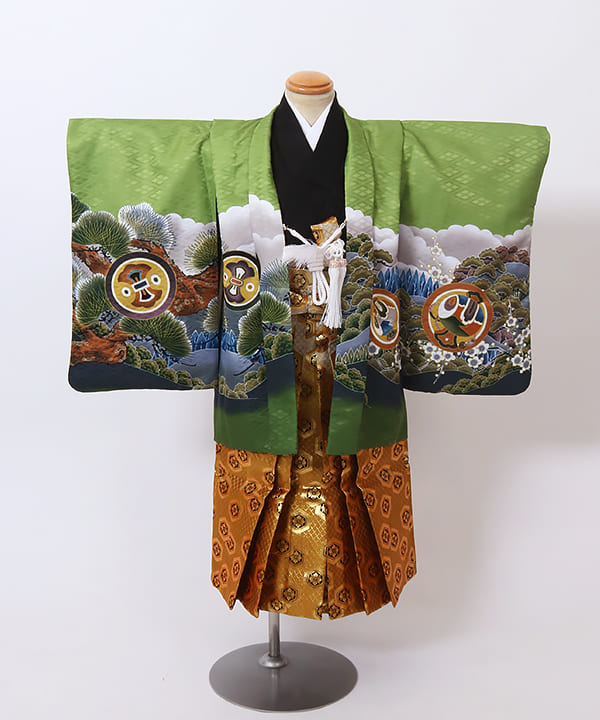 七五三(三歳男の子) | 緑地に鷹と富士 金襴の亀甲文袴