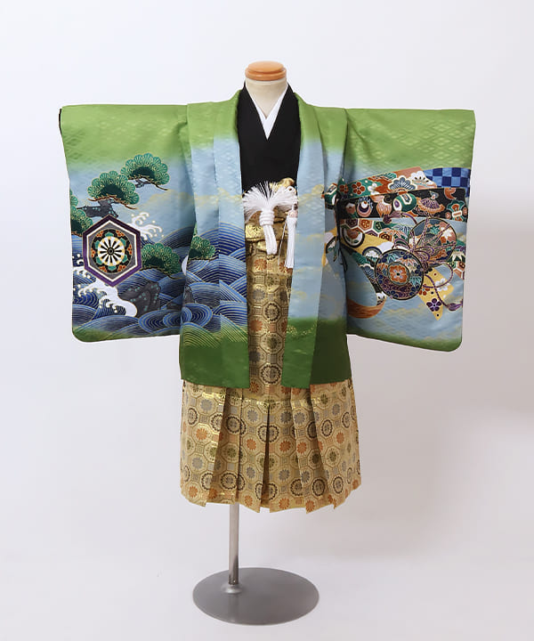 七五三(三歳男の子) | 緑地に松と熨斗文様 金襴の花菱丸紋袴