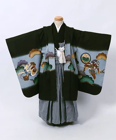 七五三(五歳) | 深緑×グレーぼかしに松と宝尽くし