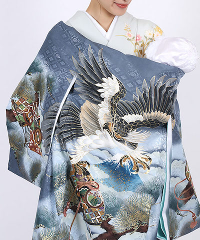 産着(お宮参り)|灰色地 鷹と富士に金の松