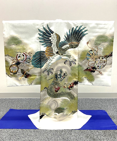 産着(お宮参り) | 鷹と龍に末広と小槌 白