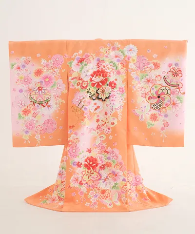 産着(お宮参り) | 橙色地に四季の花々と吉祥文様