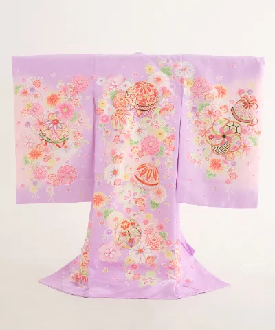 産着(お宮参り) | 藤色地に鞠と四季の花々