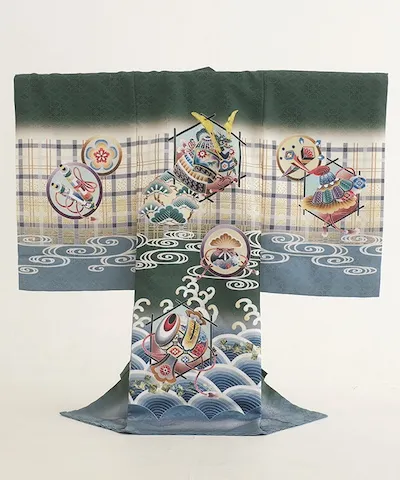 産着(お宮参り) | 緑色地に鯉の滝登りと吉祥文様